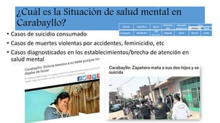 ¿Cuál es la Situación de salud mental en
Carabayllo?
• Casos de suicidio consumado
• Casos de muertes violentas por accidentes, feminicidio, etc
• Casos diagnosticados en los establecimientos/brecha de atención en
salud mental
Distrito Superficie Altura
Población
2013
Densidad
poblacional
Área
Urbano Rural
Carabayllo 346,88 Km2
238
m.s.n.m.
230,446 663.9 95.51% 4.49%
 