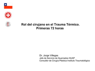 Dr. Jorge Villegas Jefe de Servicio de Quemados HUAP Consultor de Cirugía Plástica Instituto Traumatológico Rol del cirujano en el Trauma Térmico. Primeras 72 horas  