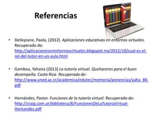 Referencias
• Dellepiane, Paola, (2012). Aplicaciones educativas en entornos virtuales.
Recuperado de:
http://aplicacionesenentornosvirtuales.blogspot.mx/2012/10/cual-es-el-
rol-del-tutor-en-un-aula.html
• Gamboa, Yahaira (2013) La tutoría virtual. Quehaceres para el buen
desempeño. Costa Rica. Recuperado de:
http://www.uned.ac.cr/academica/edutec/memoria/ponencias/yaha_80.
pdf
• Hernández, Pastor. Funciones de la tutoría virtual. Recuperado de:
http://craig.com.ar/biblioteca/8/FuncionesDeLaTutoriaVirtual-
Hernandez.pdf
 