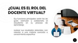 ¿CUAL ES EL ROL DEL
DOCENTE VIRTUAL?
￮ Sus funciones principales serán las de
guiar, estimular y colaborarle al
estudiante en su proceso de
aprendizaje
￮ evaluar sus resultados obtenidos, con
relación a una materia concreta o
conocimiento específico
4
 