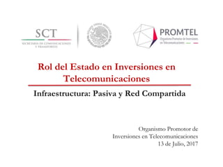 Organismo Promotor de
Inversiones en Telecomunicaciones
13 de Julio, 2017
Infraestructura: Pasiva y Red Compartida
Rol del Estado en Inversiones en
Telecomunicaciones
 