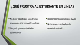 ¿QUÉ FRUSTRA AL ESTUDIANTE EN LÍNEA?
No tener estrategias y destrezas
adecuadas a la formación en línea.
No participar en actividades
colaborativas
Desconocer los canales de ayuda
No tener en cuenta el coste
económico añadido
 