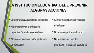 LA INSTITUCION EDUCATIVA DEBE PREVENIR
ALGUNAS ACCIONES
Ofrecer una ayuda técnica deficiente
No proporcionar la adecuada
capacitación al docente en línea
No ofrecer una formación preliminar
al estudiante
Ofrecer expectativas irreales al
estudiante
No tener organizado el curso
No tener un servicio de
orientación y ayuda al estudiante
 