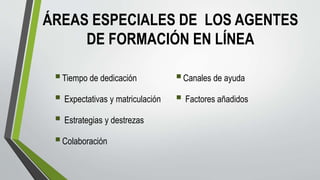 ÁREAS ESPECIALES DE LOS AGENTES
DE FORMACIÓN EN LÍNEA
Tiempo de dedicación
 Expectativas y matriculación
 Estrategias y destrezas
Colaboración
Canales de ayuda
 Factores añadidos
 