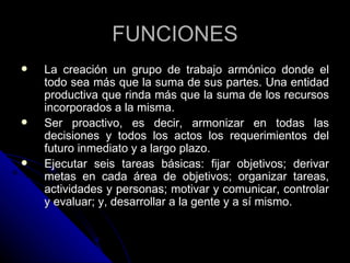 FUNCIONES La creación un grupo de trabajo armónico donde el todo sea más que la suma de sus partes. Una entidad productiva que rinda más que la suma de los recursos incorporados a la misma.  Ser proactivo, es decir, armonizar en todas las decisiones y todos los actos los requerimientos del futuro inmediato y a largo plazo.  Ejecutar seis tareas básicas: fijar objetivos; derivar metas en cada área de objetivos; organizar tareas, actividades y personas; motivar y comunicar, controlar y evaluar; y, desarrollar a la gente y a sí mismo.  