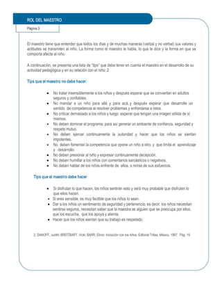 ROL DEL MAESTRO 
Página 3 



El maestro tiene que entender que todos los días y de muchas maneras (verbal y no verbal) sus valores y 
actitudes se transmiten al niño. La forma como el maestro le habla, lo que le dice y la forma en que se 
comporta afecta al niño. 

A continuación, se presenta una lista de “tips” que debe tener en cuenta el maestro en el desarrollo de su 
actividad pedagógica y en su relación con el niño: 2 

Tips que el maestro no debe hacer: 

             ·  No tratar insensiblemente a los niños y después esperar que se conviertan en adultos 
                seguros y confiables. 
             ·  No  mandar  a  un  niño  para  allá  y  para  acá, y  después  esperar  que  desarrolle  un 
                sentido  de competencia al resolver problemas y enfrentarse a retos. 
             ·  No criticar demasiado a los niños y luego  esperar que tengan una imagen sólida de sí 
                mismos. 
             ·  No deben dominar el programa, para así generar un ambiente de confianza, seguridad y 
                respeto mutuo. 
             ·  No  deben  ejercer  continuamente  la  autoridad  y  hacer  que  los  niños  se  sientan 
                impotentes. 
             ·  No  deben fomentar la competencia que opone un niño a otro, y  que limita el  aprendizaje 
                y  desarrollo. 
             ·  No deben presionar al niño y expresar continuamente decepción. 
             ·  No deben humillar a los niños con comentarios sarcásticos o negativos. 
             ·  No deben hablar de los niños enfrente de  ellos, o reírse de sus esfuerzos. 

    Tips que el maestro debe hacer 

             ·  Si disfrutan lo que hacen, los niños sentirán esto y será muy probable que disfruten lo 
                que ellos hacen. 
             ·  Si eres sensible, es muy factible que los niños lo sean. 
             ·  Dar a los niños un sentimiento de seguridad y pertenencia, es decir, los niños necesitan 
                sentirse seguros, necesitan saber que la maestra es alguien que se preocupa por ellos, 
                que los escucha,  que los apoya y alienta. 
             ·  Hacer que los niños sientan que su trabajo es respetado. 


    2. DANOFF, Judith; BREITBART, Vicki; BARR, Elinor. Iniciación con los niños. Editorial Trillas. México, 1997.  Pág. 19.
 