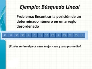 Ejemplo: Búsqueda Lineal
Problema: Encontrar la posición de un
determinado número en un arreglo
desordenado
¿Cuáles serían el peor caso, mejor caso y caso promedio?
 