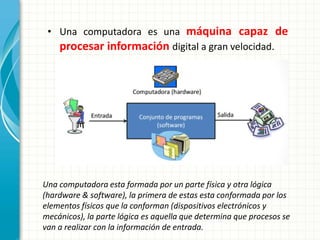 • Una computadora es una máquina capaz de
procesar información digital a gran velocidad.
Una computadora esta formada por un parte física y otra lógica
(hardware & software), la primera de estas esta conformada por los
elementos físicos que la conforman (dispositivos electrónicos y
mecánicos), la parte lógica es aquella que determina que procesos se
van a realizar con la información de entrada.
 