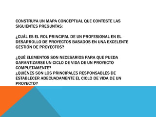 CONSTRUYA UN MAPA CONCEPTUAL QUE CONTESTE LAS
SIGUIENTES PREGUNTAS:
¿CUÁL ES EL ROL PRINCIPAL DE UN PROFESIONAL EN EL
DESARROLLO DE PROYECTOS BASADOS EN UNA EXCELENTE
GESTIÓN DE PROYECTOS?
¿QUÉ ELEMENTOS SON NECESARIOS PARA QUE PUEDA
GARANTIZARSE UN CICLO DE VIDA DE UN PROYECTO
COMPLETAMENTE?
¿QUIÉNES SON LOS PRINCIPALES RESPONSABLES DE
ESTABLECER ADECUADAMENTE EL CICLO DE VIDA DE UN
PROYECTO?
 