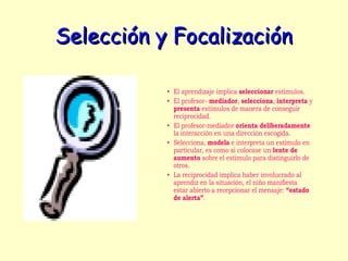 Selección y Focalización

           • El aprendizaje implica seleccionar estímulos.
           • El profesor- mediador, selecciona, interpreta y
             presenta estímulos de manera de conseguir
             reciprocidad.
           • El profesor-mediador orienta deliberadamente
             la interacción en una dirección escogida.
           • Selecciona, modela e interpreta un estímulo en
             particular, es como si colocase un lente de
             aumento sobre el estímulo para distinguirlo de
             otros.
           • La reciprocidad implica haber involucrado al
             aprendiz en la situación, el niño manifiesta
             estar abierto a recepcionar el mensaje: “estado
             de alerta”.
 