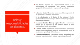Rolesy
responsabilidades
deldocente.
 Ser docente requiere una responsabilidad social y una
multiplicación de compromiso para generar compromiso,
apropiación del conocimiento y su proceso de aprendizaje.
 1. Aspectos técnicos: Demostrar tener una sólida comprensión de
las operaciones y conceptos tecnológicos.
 2. La planificación y el diseño de los entornos: Diseñar
oportunidades de aprendizaje que utilizan estrategias pedagógicas
asistidas con tecnología.
 3. Aspectos Sociales, Éticos y Legales: Enseñar y sirver como
ejemplo en la aplicación de las prácticas legales y éticas
relacionadas al uso de la tecnología.
 4.Gestión Escolar: implementar planes curriculares que incluyen
métodos y estrategias para aplicar la tecnología como forma de
maximizar el aprendizaje de los alumnos.
 5.Desarrollo Profesional: Los docentes utilizan la tecnología para
aumentar su productividad y mejorar su práctica profesional.
 
