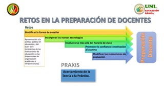Modificar la forma de enseñar
Aproximación a la
política pública en
educación y del
buen vivir
(problemas de las
instituciones de
educación en las
dimensiones de
organización
académica e
infraestructura).
Incorporar las nuevas tecnologías
Involucrarse más allá del horario de clase
Promover la confianza y motivación
al alumno
Modificar los mecanismos de
evaluación
Acercamiento de la
Teoría a la Práctica.
Retos
 