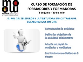 CURSO DE FORMACIÓN DE
FORMADORES Y FORMADORAS
8 de junio – 20 de julio
EL ROL DEL TELETUROR Y LA TELETUTORA EN LOS TRABAJOS
COLABORATIVOS ON-LINE
 