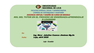 FACULTAD JURÍDICA, SOCIAL Y ADMINISTRATIVA
CARRERA DE CONTABILIDAD Y AUDITORÍA
DOCENCIA VIRTUAL Y DISEÑO DE CURSO EN MOODLE
ROL DEL TUTOR EN EL PROCESO DE ENSEÑANZA-APRENDIZAJE
E-LEARNING
De:
Ing. Mery Jakeline Cuenca Jiménez Mg.Sc
Fecha: Loja, abril 2020
Loja - Ecuador
 