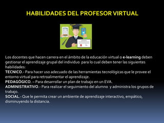 HABILIDADES DEL PROFESOR VIRTUAL
Los docentes que hacen carrera en el ámbito de la educación virtual o e-learning deben
gestionar el aprendizaje grupal del individuo para lo cual deben tener las siguientes
habilidades:
TECNICO.- Para hacer uso adecuado de las herramientas tecnológicas que le provee el
entorno virtual para retroalimentar el aprendizaje.
PEDAGÓGICO. – Para desarrollar un plan de trabajo en un EVA.
ADMINISTRATIVO.- Para realizar el seguimiento del alumno y administra los grupos de
trabajo.
SOCIAL.- Que le permita crear un ambiente de aprendizaje interactivo, empático,
disminuyendo la distancia.
 