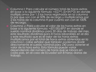  Columna I: Para calcular el número total de horas extras
en base a la siguiente fórmula: =(G7*1,5)+(H7*2) en donde
multiplicamos por 1,5 las horas registradas en la columna
G por que son con el 50% de recargo y multiplicamos por
2 las horas de la columna H por cuanto son con el 100%
de recargo.
 Columna J: Para calcular el valor de las horas extras en
base a la siguiente fórmula: =(E7/30)/8*I7 en donde el
sueldo nominal dividimos para 30 días de trabajo del mes,
este resultado dividimos para 8 horas laborables en el día
y este resultado que es el valor de las horas extras
multiplicamos por el total de horas extras obtenidas en la
columna I, cabe señalar que también podemos dividir
directamente el sueldo nominal para 240 para obtener el
valor de la hora extra. Esta fórmula puede variar
dependiendo del número de horas que se labora en
cada país, en el caso de Ecuador son 8 horas diarias de
trabajo.
 