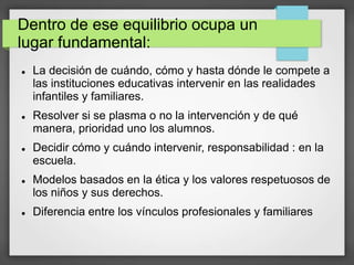 Dentro de ese equilibrio ocupa un
lugar fundamental:
 La decisión de cuándo, cómo y hasta dónde le compete a
las instituciones educativas intervenir en las realidades
infantiles y familiares.
 Resolver si se plasma o no la intervención y de qué
manera, prioridad uno los alumnos.
 Decidir cómo y cuándo intervenir, responsabilidad : en la
escuela.
 Modelos basados en la ética y los valores respetuosos de
los niños y sus derechos.
 Diferencia entre los vínculos profesionales y familiares
 
