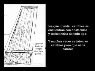 Los que intentan cambios se
encuentran con obstáculos
y resistencias de todo tipo.
Y muchas veces se intentan
cambios para que nada
cambie
Oposición
de ciertos
colegas,
directivos,
padres…
 