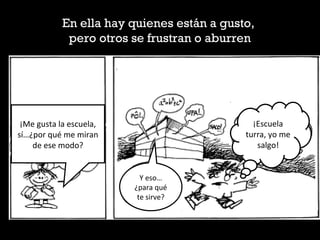 En ella hay quienes están a gusto,
pero otros se frustran o aburren
¡Me gusta la escuela,
sí…¿por qué me miran
de ese modo?
¡Escuela
turra, yo me
salgo!
Y eso…
¿para qué
te sirve?
 
