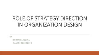 ROLE OF STRATEGY DIRECTION
IN ORGANIZATION DESIGN
BY:
KHAYAN SINGH E
RA1952001020120
 