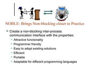 NOBLE: Brings Non-blocking closer to Practice


Create a non-blocking inter-process
communication interface with the properties:
 Attractive

functionality
 Programmer friendly
 Easy to adapt existing solutions
 Efficient
 Portable
 Adaptable for different programming languages

 