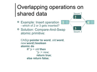 Overlapping operations on
Insert 2
shared data
2


Example: Insert operation 1

4

- which of 2 or 3 gets inserted?


Solution: Compare-And-Swap
atomic primitive:
CAS(p:pointer to word, old:word,
new:word):boolean
atomic do
if *p = old then
*p := new;
return true;
else return false;

3
Insert 3

 