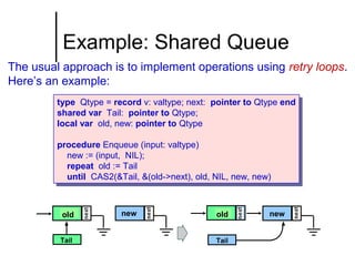 Example: Shared Queue
The usual approach is to implement operations using retry loops.
Here’s an example:
type Qtype = record v: valtype; next: pointer to Qtype end
type Qtype = record v: valtype; next: pointer to Qtype end
shared var Tail: pointer to Qtype;
shared var Tail: pointer to Qtype;
local var old, new: pointer to Qtype
local var old, new: pointer to Qtype
procedure Enqueue (input: valtype)
procedure Enqueue (input: valtype)
new := (input, NIL);
new := (input, NIL);
repeat old := Tail
repeat old := Tail
until CAS2(&Tail, &(old->next), old, NIL, new, new)
until CAS2(&Tail, &(old->next), old, NIL, new, new)

old
Tail

new

old
Tail

new

 