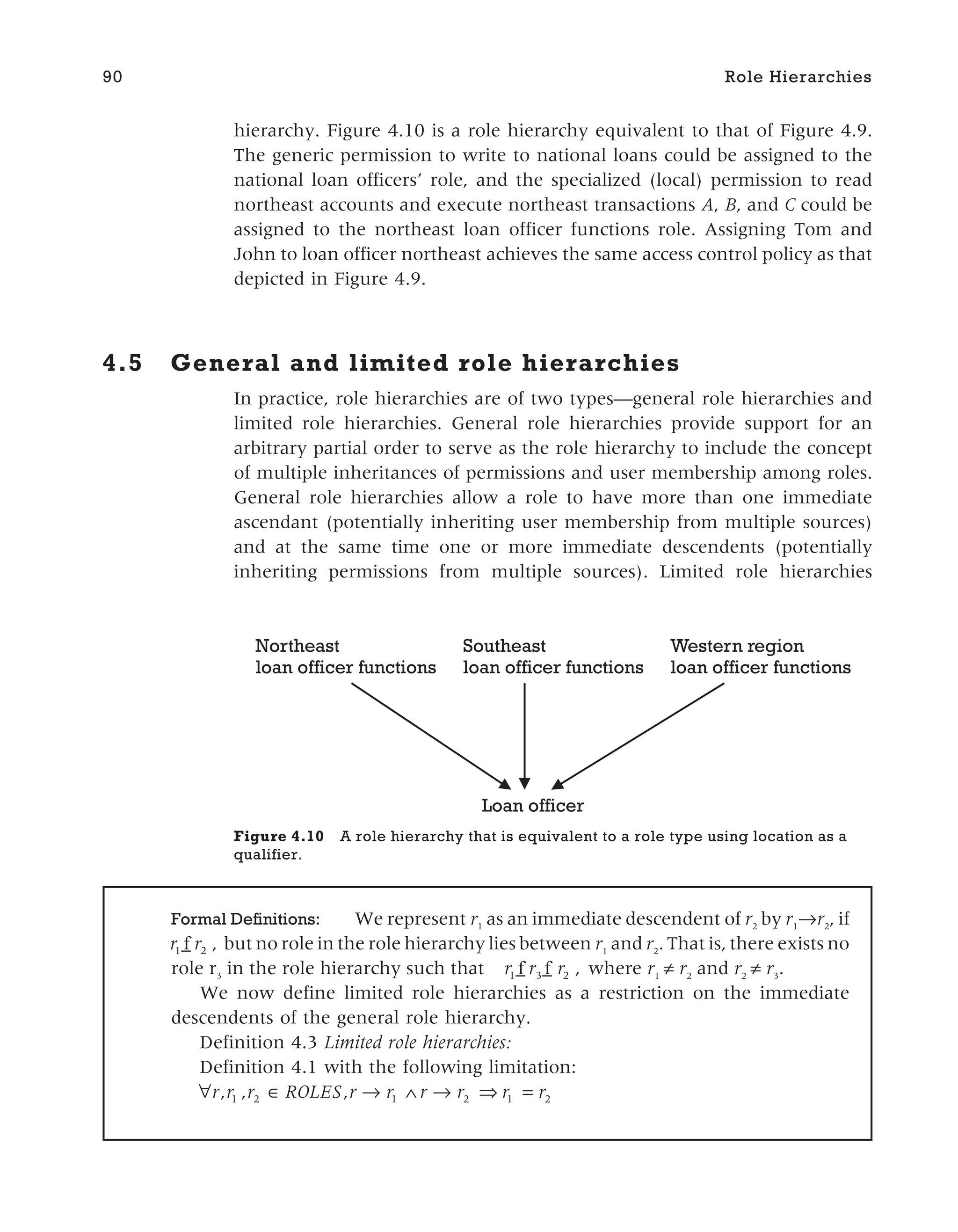 hierarchy. Figure 4.10 is a role hierarchy equivalent to that of Figure 4.9.
The generic permission to write to national loans could be assigned to the
national loan officers’ role, and the specialized (local) permission to read
northeast accounts and execute northeast transactions A, B, and C could be
assigned to the northeast loan officer functions role. Assigning Tom and
John to loan officer northeast achieves the same access control policy as that
depicted in Figure 4.9.
4.5 General and limited role hierarchies
In practice, role hierarchies are of two types—general role hierarchies and
limited role hierarchies. General role hierarchies provide support for an
arbitrary partial order to serve as the role hierarchy to include the concept
of multiple inheritances of permissions and user membership among roles.
General role hierarchies allow a role to have more than one immediate
ascendant (potentially inheriting user membership from multiple sources)
and at the same time one or more immediate descendents (potentially
inheriting permissions from multiple sources). Limited role hierarchies
90 Role Hierarchies
Formal Definitions: We represent r1
as an immediate descendent of r2
by r1
r2
, if
r r
1 2
f
_ , but no role in the role hierarchy lies between r1
and r2
. That is, there exists no
role r3
in the role hierarchy such that r r r
1 3 2
f f
_ _ , where r1
≠ r2
and r2
≠ r3
.
We now define limited role hierarchies as a restriction on the immediate
descendents of the general role hierarchy.
Definition 4.3 Limited role hierarchies:
Definition 4.1 with the following limitation:
∀ ∈ → ∧ → ⇒ =
r r r ROLES r r r r r r
, , ,
1 2 1 2 1 2
Loan officer
Northeast
loan officer functions
Southeast
loan officer functions
Western region
loan officer functions
Figure 4.10 A role hierarchy that is equivalent to a role type using location as a
qualifier.
 