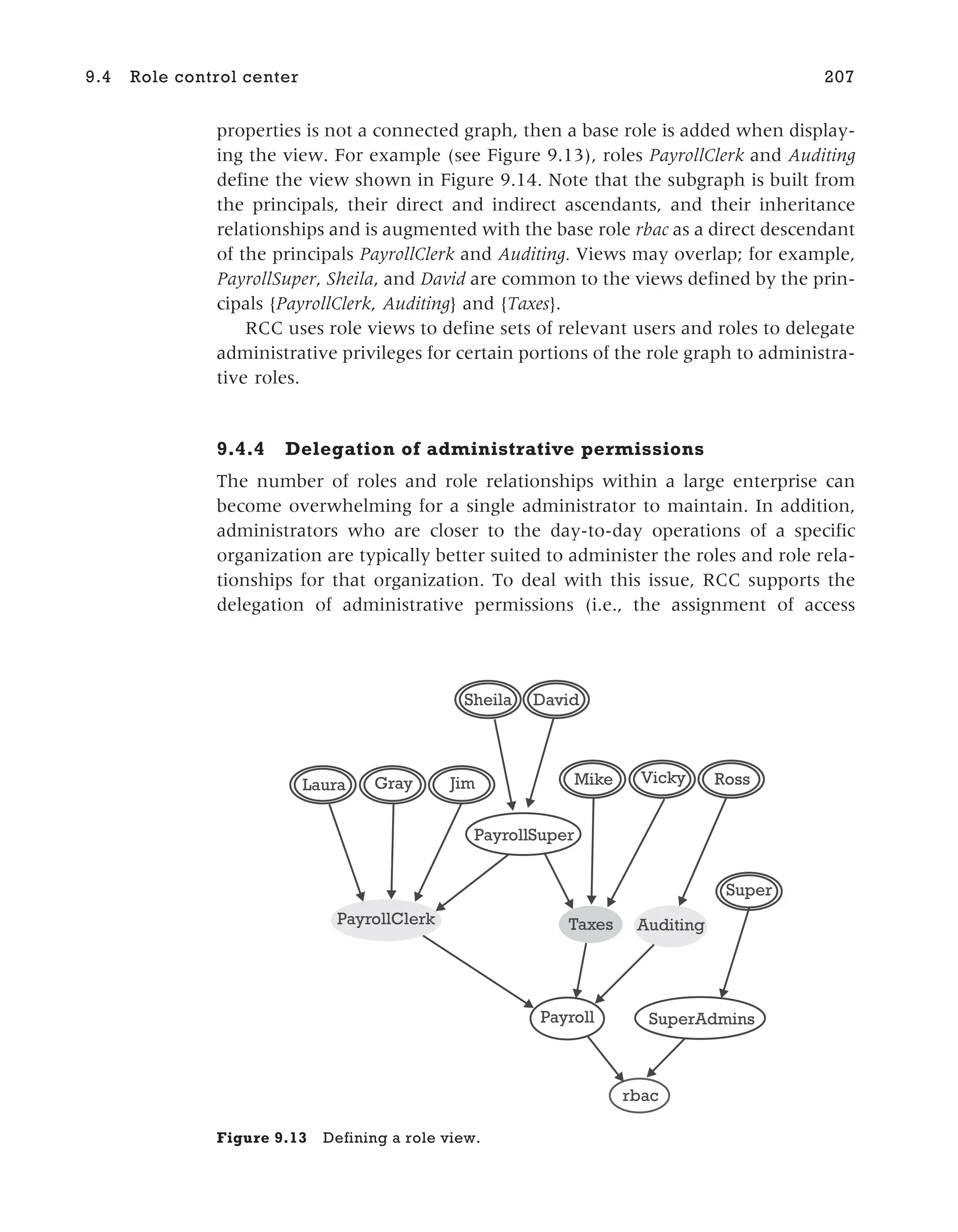 properties is not a connected graph, then a base role is added when display-
ing the view. For example (see Figure 9.13), roles PayrollClerk and Auditing
define the view shown in Figure 9.14. Note that the subgraph is built from
the principals, their direct and indirect ascendants, and their inheritance
relationships and is augmented with the base role rbac as a direct descendant
of the principals PayrollClerk and Auditing. Views may overlap; for example,
PayrollSuper, Sheila, and David are common to the views defined by the prin-
cipals {PayrollClerk, Auditing} and {Taxes}.
RCC uses role views to define sets of relevant users and roles to delegate
administrative privileges for certain portions of the role graph to administra-
tive roles.
9.4.4 Delegation of administrative permissions
The number of roles and role relationships within a large enterprise can
become overwhelming for a single administrator to maintain. In addition,
administrators who are closer to the day-to-day operations of a specific
organization are typically better suited to administer the roles and role rela-
tionships for that organization. To deal with this issue, RCC supports the
delegation of administrative permissions (i.e., the assignment of access
9.4 Role control center 207
Super
Ross
Vicky
Mike
Jim
Gray
Laura
David
Sheila
rbac
SuperAdmins
Payroll
Auditing
Taxes
PayrollClerk
PayrollSuper
Figure 9.13 Defining a role view.
 