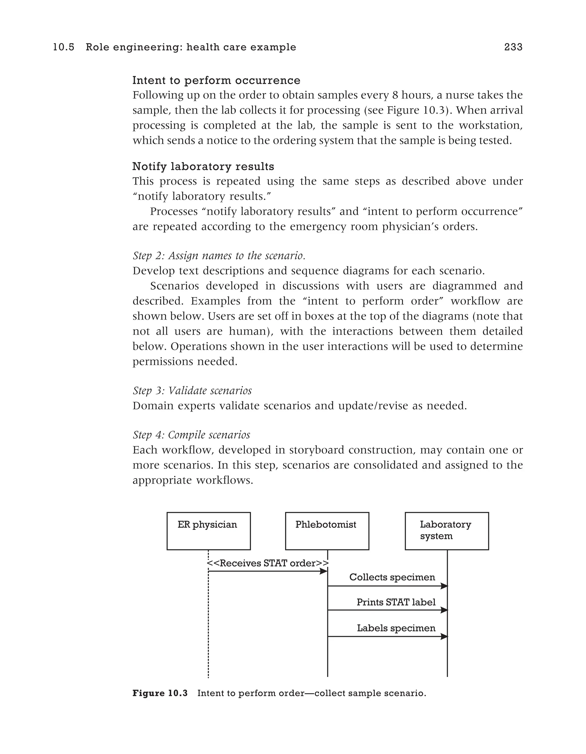 Intent to perform occurrence
Following up on the order to obtain samples every 8 hours, a nurse takes the
sample, then the lab collects it for processing (see Figure 10.3). When arrival
processing is completed at the lab, the sample is sent to the workstation,
which sends a notice to the ordering system that the sample is being tested.
Notify laboratory results
This process is repeated using the same steps as described above under
“notify laboratory results.”
Processes “notify laboratory results” and “intent to perform occurrence”
are repeated according to the emergency room physician’s orders.
Step 2: Assign names to the scenario.
Develop text descriptions and sequence diagrams for each scenario.
Scenarios developed in discussions with users are diagrammed and
described. Examples from the “intent to perform order” workflow are
shown below. Users are set off in boxes at the top of the diagrams (note that
not all users are human), with the interactions between them detailed
below. Operations shown in the user interactions will be used to determine
permissions needed.
Step 3: Validate scenarios
Domain experts validate scenarios and update/revise as needed.
Step 4: Compile scenarios
Each workflow, developed in storyboard construction, may contain one or
more scenarios. In this step, scenarios are consolidated and assigned to the
appropriate workflows.
10.5 Role engineering: health care example 233
Labels specimen
Prints STAT label
Collects specimen
<<Receives STAT order>>
ER physician Phlebotomist Laboratory
system
Figure 10.3 Intent to perform order—collect sample scenario.
 
