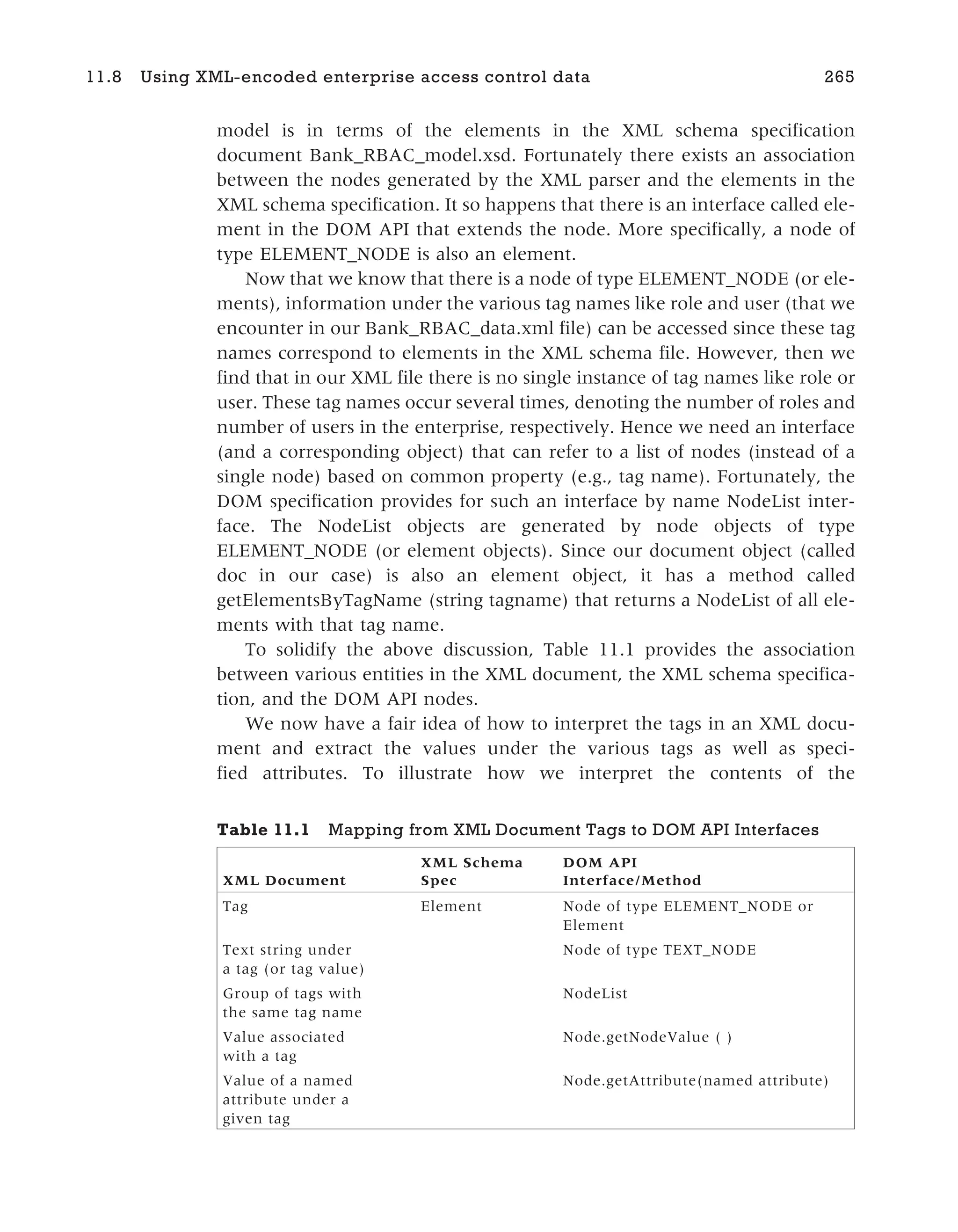 model is in terms of the elements in the XML schema specification
document Bank_RBAC_model.xsd. Fortunately there exists an association
between the nodes generated by the XML parser and the elements in the
XML schema specification. It so happens that there is an interface called ele-
ment in the DOM API that extends the node. More specifically, a node of
type ELEMENT_NODE is also an element.
Now that we know that there is a node of type ELEMENT_NODE (or ele-
ments), information under the various tag names like role and user (that we
encounter in our Bank_RBAC_data.xml file) can be accessed since these tag
names correspond to elements in the XML schema file. However, then we
find that in our XML file there is no single instance of tag names like role or
user. These tag names occur several times, denoting the number of roles and
number of users in the enterprise, respectively. Hence we need an interface
(and a corresponding object) that can refer to a list of nodes (instead of a
single node) based on common property (e.g., tag name). Fortunately, the
DOM specification provides for such an interface by name NodeList inter-
face. The NodeList objects are generated by node objects of type
ELEMENT_NODE (or element objects). Since our document object (called
doc in our case) is also an element object, it has a method called
getElementsByTagName (string tagname) that returns a NodeList of all ele-
ments with that tag name.
To solidify the above discussion, Table 11.1 provides the association
between various entities in the XML document, the XML schema specifica-
tion, and the DOM API nodes.
We now have a fair idea of how to interpret the tags in an XML docu-
ment and extract the values under the various tags as well as speci-
fied attributes. To illustrate how we interpret the contents of the
11.8 Using XML-encoded enterprise access control data 265
Table 11.1 Mapping from XML Document Tags to DOM API Interfaces
XML Document
XML Schema
Spec
DOM API
Interface/Method
Tag Element Node of type ELEMENT_NODE or
Element
Text string under
a tag (or tag value)
Node of type TEXT_NODE
Group of tags with
the same tag name
NodeList
Value associated
with a tag
Node.getNodeValue ( )
Value of a named
attribute under a
given tag
Node.getAttribute(named attribute)
 