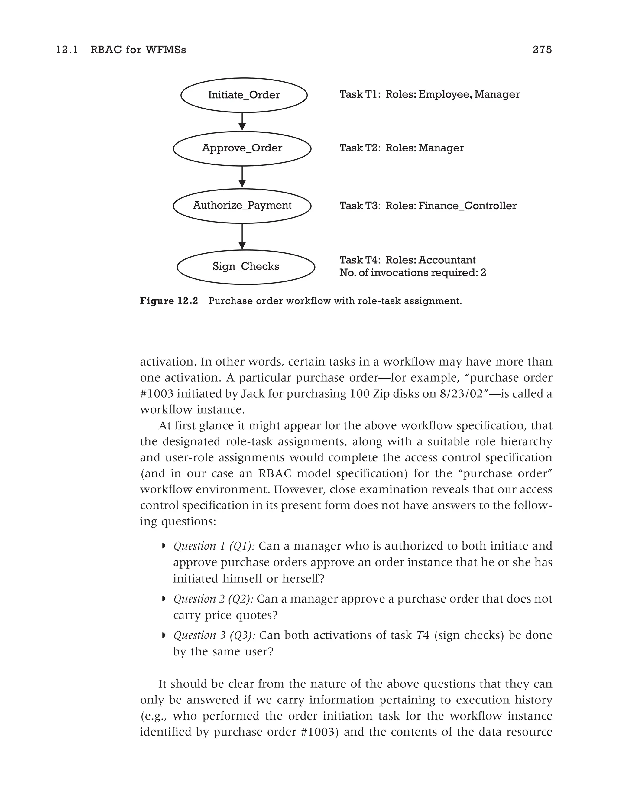 activation. In other words, certain tasks in a workflow may have more than
one activation. A particular purchase order—for example, “purchase order
#1003 initiated by Jack for purchasing 100 Zip disks on 8/23/02”—is called a
workflow instance.
At first glance it might appear for the above workflow specification, that
the designated role-task assignments, along with a suitable role hierarchy
and user-role assignments would complete the access control specification
(and in our case an RBAC model specification) for the “purchase order”
workflow environment. However, close examination reveals that our access
control specification in its present form does not have answers to the follow-
ing questions:
◗ Question 1 (Q1): Can a manager who is authorized to both initiate and
approve purchase orders approve an order instance that he or she has
initiated himself or herself?
◗ Question 2 (Q2): Can a manager approve a purchase order that does not
carry price quotes?
◗ Question 3 (Q3): Can both activations of task T4 (sign checks) be done
by the same user?
It should be clear from the nature of the above questions that they can
only be answered if we carry information pertaining to execution history
(e.g., who performed the order initiation task for the workflow instance
identified by purchase order #1003) and the contents of the data resource
12.1 RBAC for WFMSs 275
Initiate_Order
Approve_Order
Authorize_Payment
Sign_Checks
Task T1: Roles: Employee, Manager
Task T2: Roles: Manager
Task T3: Roles: Finance_Controller
Task T4: Roles: Accountant
No. of invocations required: 2
Figure 12.2 Purchase order workflow with role-task assignment.
 