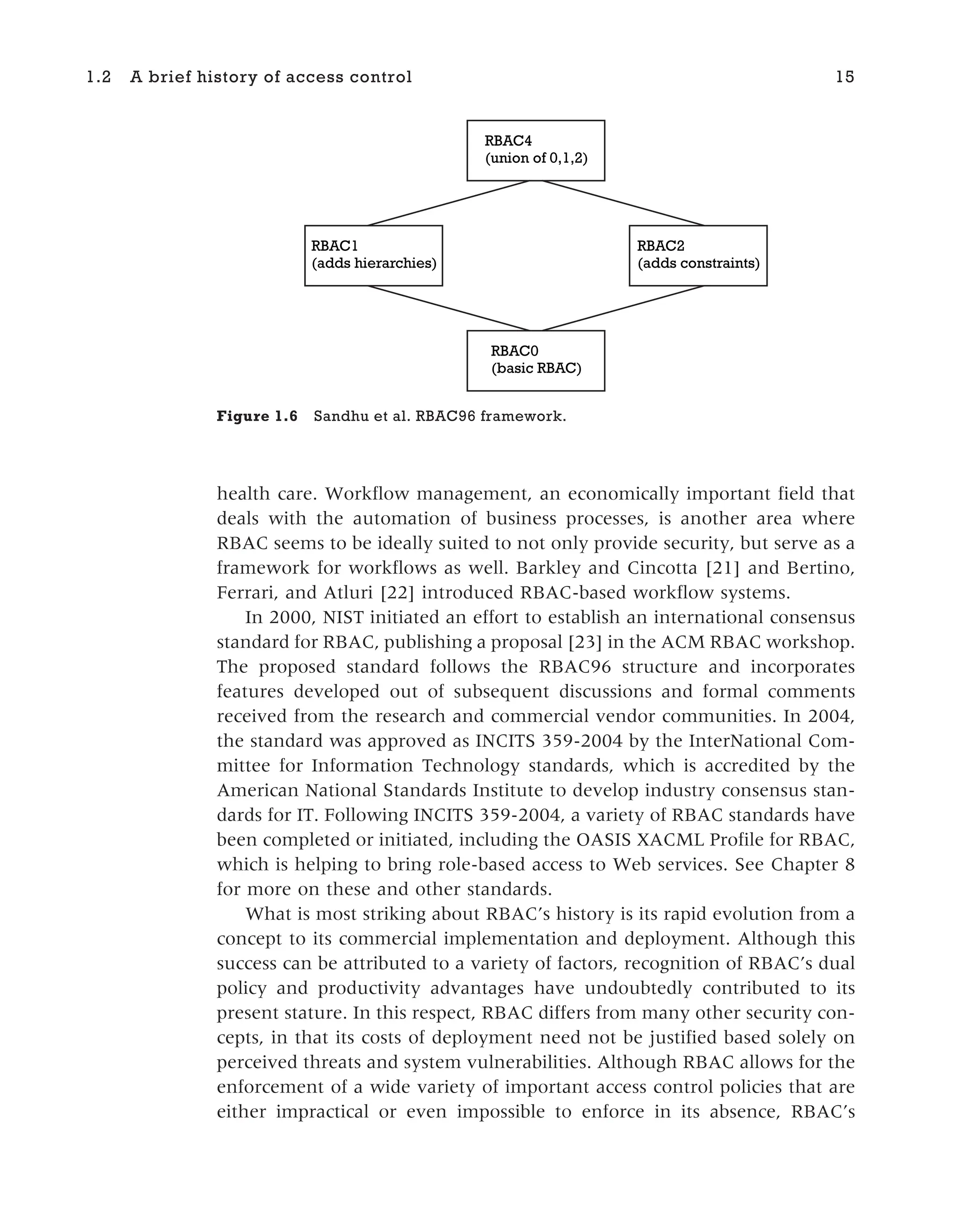 health care. Workflow management, an economically important field that
deals with the automation of business processes, is another area where
RBAC seems to be ideally suited to not only provide security, but serve as a
framework for workflows as well. Barkley and Cincotta [21] and Bertino,
Ferrari, and Atluri [22] introduced RBAC-based workflow systems.
In 2000, NIST initiated an effort to establish an international consensus
standard for RBAC, publishing a proposal [23] in the ACM RBAC workshop.
The proposed standard follows the RBAC96 structure and incorporates
features developed out of subsequent discussions and formal comments
received from the research and commercial vendor communities. In 2004,
the standard was approved as INCITS 359-2004 by the InterNational Com-
mittee for Information Technology standards, which is accredited by the
American National Standards Institute to develop industry consensus stan-
dards for IT. Following INCITS 359-2004, a variety of RBAC standards have
been completed or initiated, including the OASIS XACML Profile for RBAC,
which is helping to bring role-based access to Web services. See Chapter 8
for more on these and other standards.
What is most striking about RBAC’s history is its rapid evolution from a
concept to its commercial implementation and deployment. Although this
success can be attributed to a variety of factors, recognition of RBAC’s dual
policy and productivity advantages have undoubtedly contributed to its
present stature. In this respect, RBAC differs from many other security con-
cepts, in that its costs of deployment need not be justified based solely on
perceived threats and system vulnerabilities. Although RBAC allows for the
enforcement of a wide variety of important access control policies that are
either impractical or even impossible to enforce in its absence, RBAC’s
1.2 A brief history of access control 15
RBAC4
(union of 0,1,2)
RBAC2
(adds constraints)
RBAC1
(adds hierarchies)
RBAC0
(basic RBAC)
Figure 1.6 Sandhu et al. RBAC96 framework.
 