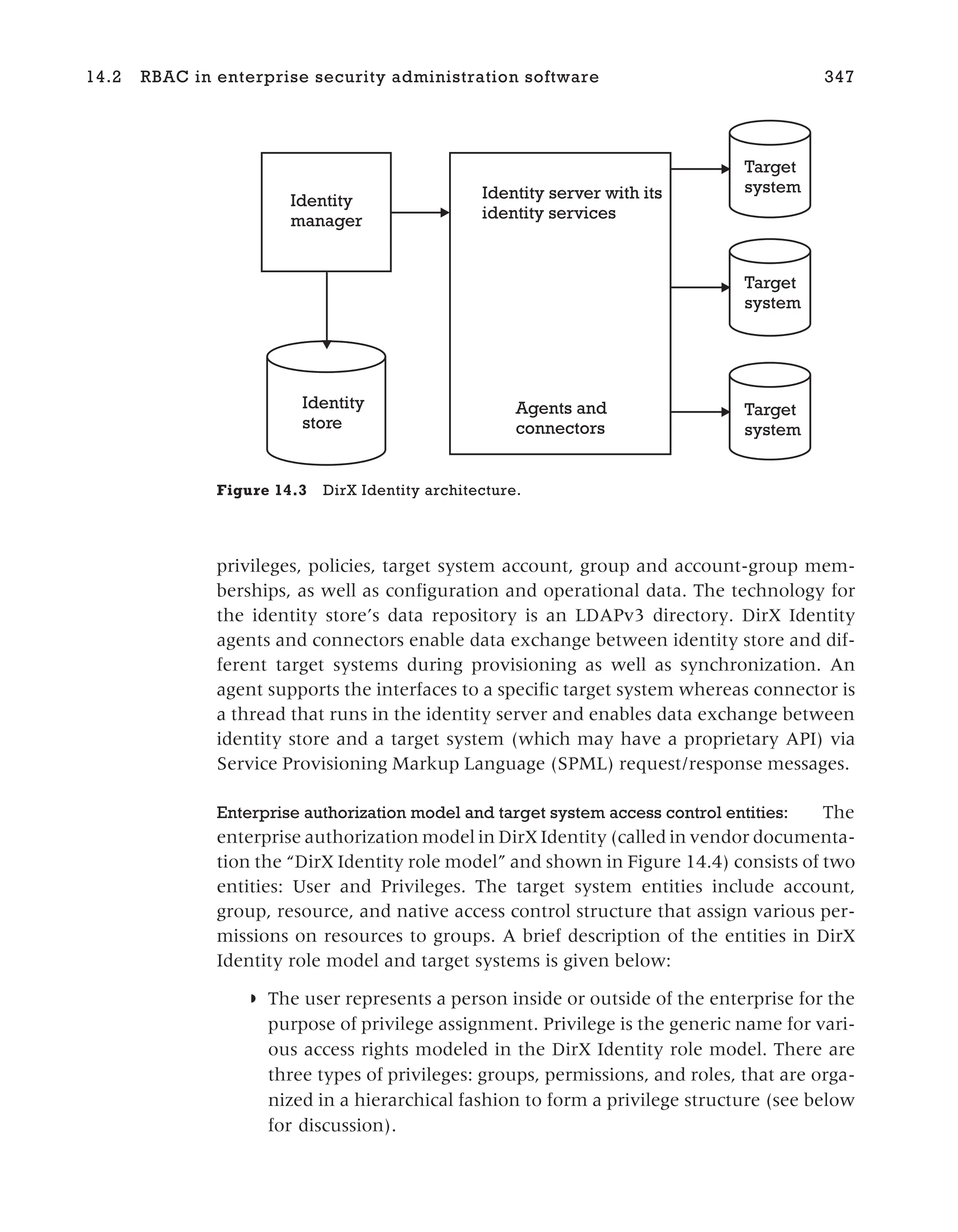 privileges, policies, target system account, group and account-group mem-
berships, as well as configuration and operational data. The technology for
the identity store’s data repository is an LDAPv3 directory. DirX Identity
agents and connectors enable data exchange between identity store and dif-
ferent target systems during provisioning as well as synchronization. An
agent supports the interfaces to a specific target system whereas connector is
a thread that runs in the identity server and enables data exchange between
identity store and a target system (which may have a proprietary API) via
Service Provisioning Markup Language (SPML) request/response messages.
Enterprise authorization model and target system access control entities: The
enterprise authorization model in DirX Identity (called in vendor documenta-
tion the “DirX Identity role model” and shown in Figure 14.4) consists of two
entities: User and Privileges. The target system entities include account,
group, resource, and native access control structure that assign various per-
missions on resources to groups. A brief description of the entities in DirX
Identity role model and target systems is given below:
◗ The user represents a person inside or outside of the enterprise for the
purpose of privilege assignment. Privilege is the generic name for vari-
ous access rights modeled in the DirX Identity role model. There are
three types of privileges: groups, permissions, and roles, that are orga-
nized in a hierarchical fashion to form a privilege structure (see below
for discussion).
14.2 RBAC in enterprise security administration software 347
Identity
manager
Identity
store
Agents and
connectors
Identity server with its
identity services
Target
system
Target
system
Target
system
Figure 14.3 DirX Identity architecture.
 