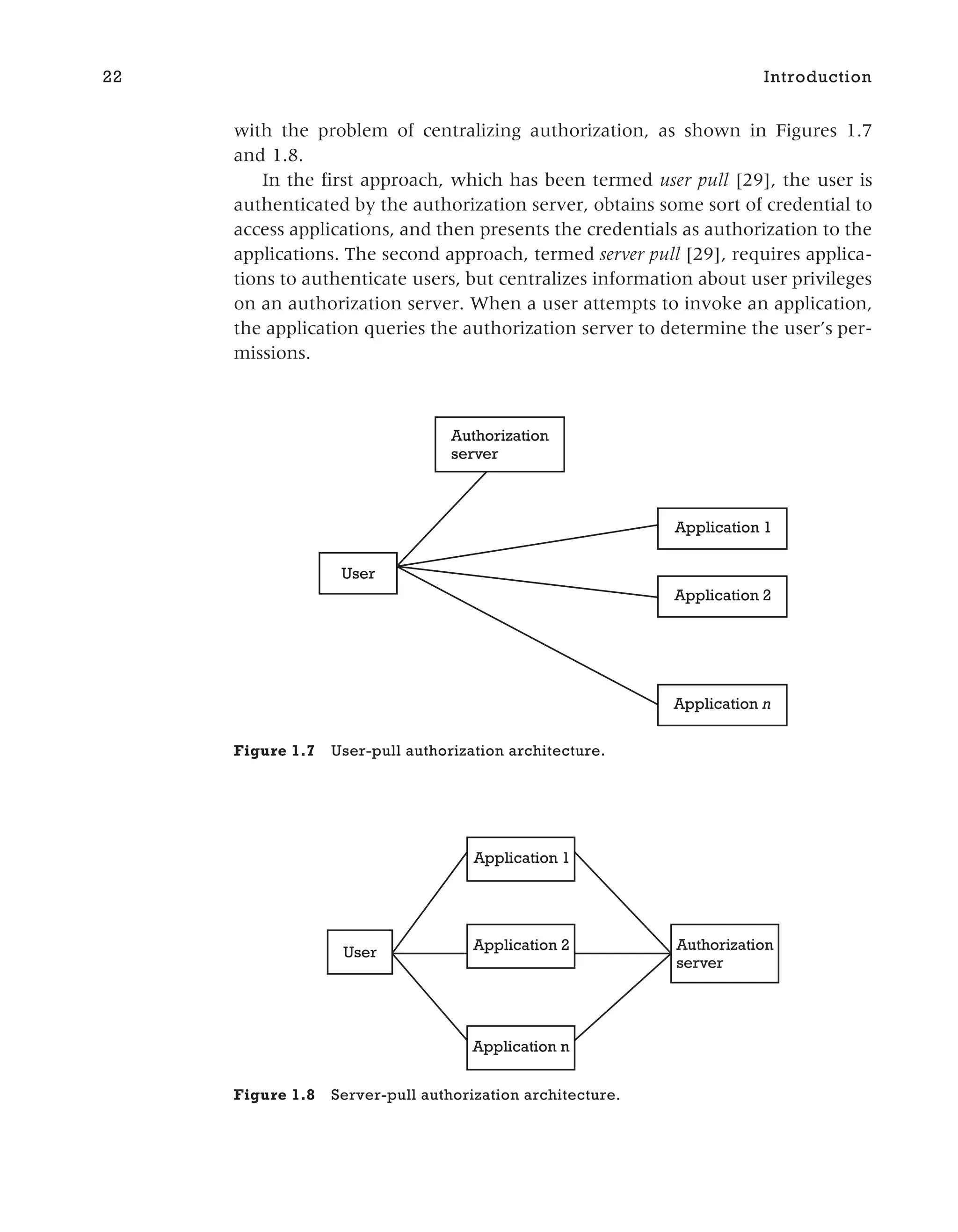 with the problem of centralizing authorization, as shown in Figures 1.7
and 1.8.
In the first approach, which has been termed user pull [29], the user is
authenticated by the authorization server, obtains some sort of credential to
access applications, and then presents the credentials as authorization to the
applications. The second approach, termed server pull [29], requires applica-
tions to authenticate users, but centralizes information about user privileges
on an authorization server. When a user attempts to invoke an application,
the application queries the authorization server to determine the user’s per-
missions.
22 Introduction
Application 1
Application 2
Authorization
server
Application n
User
Figure 1.7 User-pull authorization architecture.
User Application 2
Application n
Application 1
Authorization
server
Figure 1.8 Server-pull authorization architecture.
 