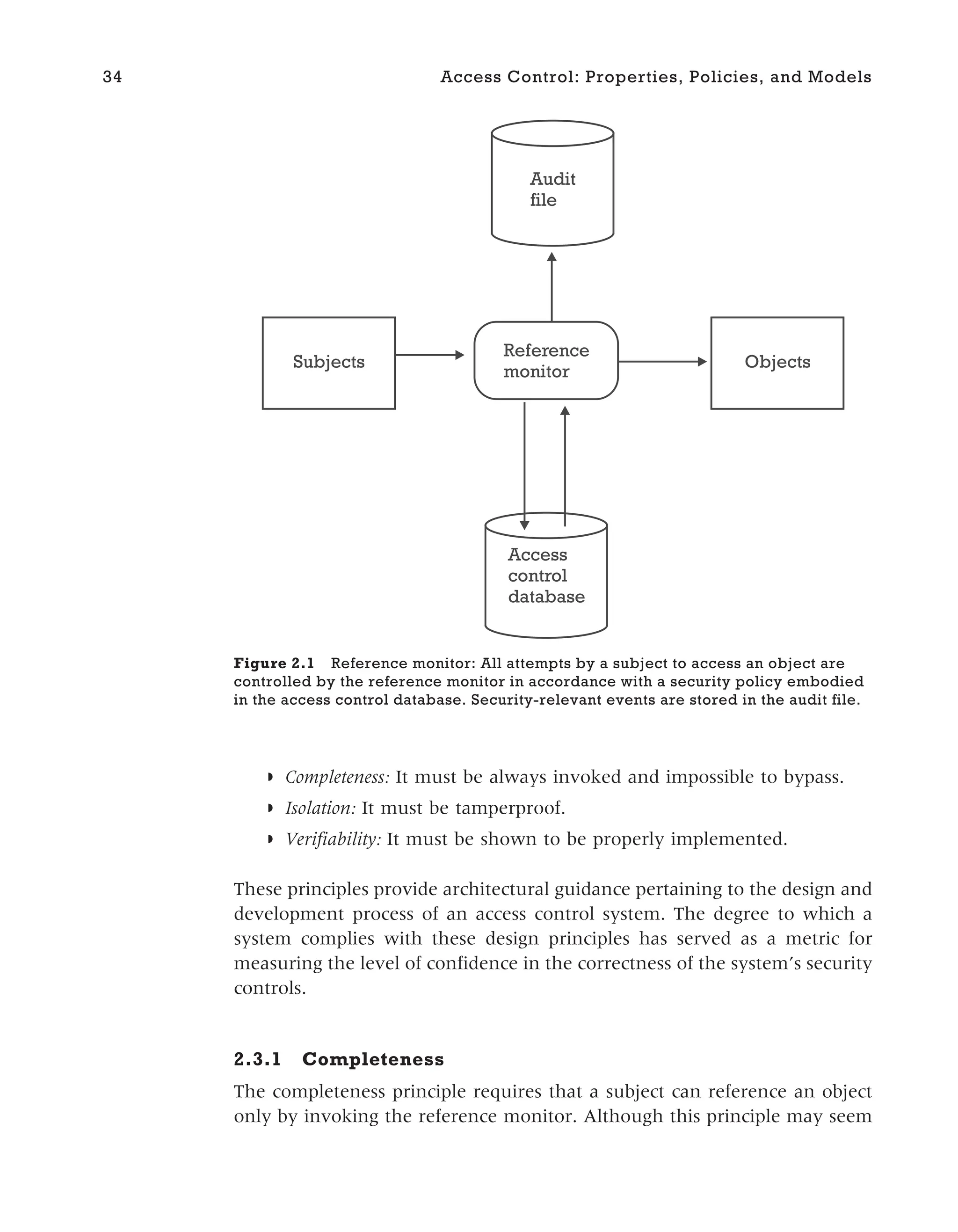 ◗ Completeness: It must be always invoked and impossible to bypass.
◗ Isolation: It must be tamperproof.
◗ Verifiability: It must be shown to be properly implemented.
These principles provide architectural guidance pertaining to the design and
development process of an access control system. The degree to which a
system complies with these design principles has served as a metric for
measuring the level of confidence in the correctness of the system’s security
controls.
2.3.1 Completeness
The completeness principle requires that a subject can reference an object
only by invoking the reference monitor. Although this principle may seem
34 Access Control: Properties, Policies, and Models
Audit
file
Subjects Objects
Reference
monitor
Access
control
database
Figure 2.1 Reference monitor: All attempts by a subject to access an object are
controlled by the reference monitor in accordance with a security policy embodied
in the access control database. Security-relevant events are stored in the audit file.
 
