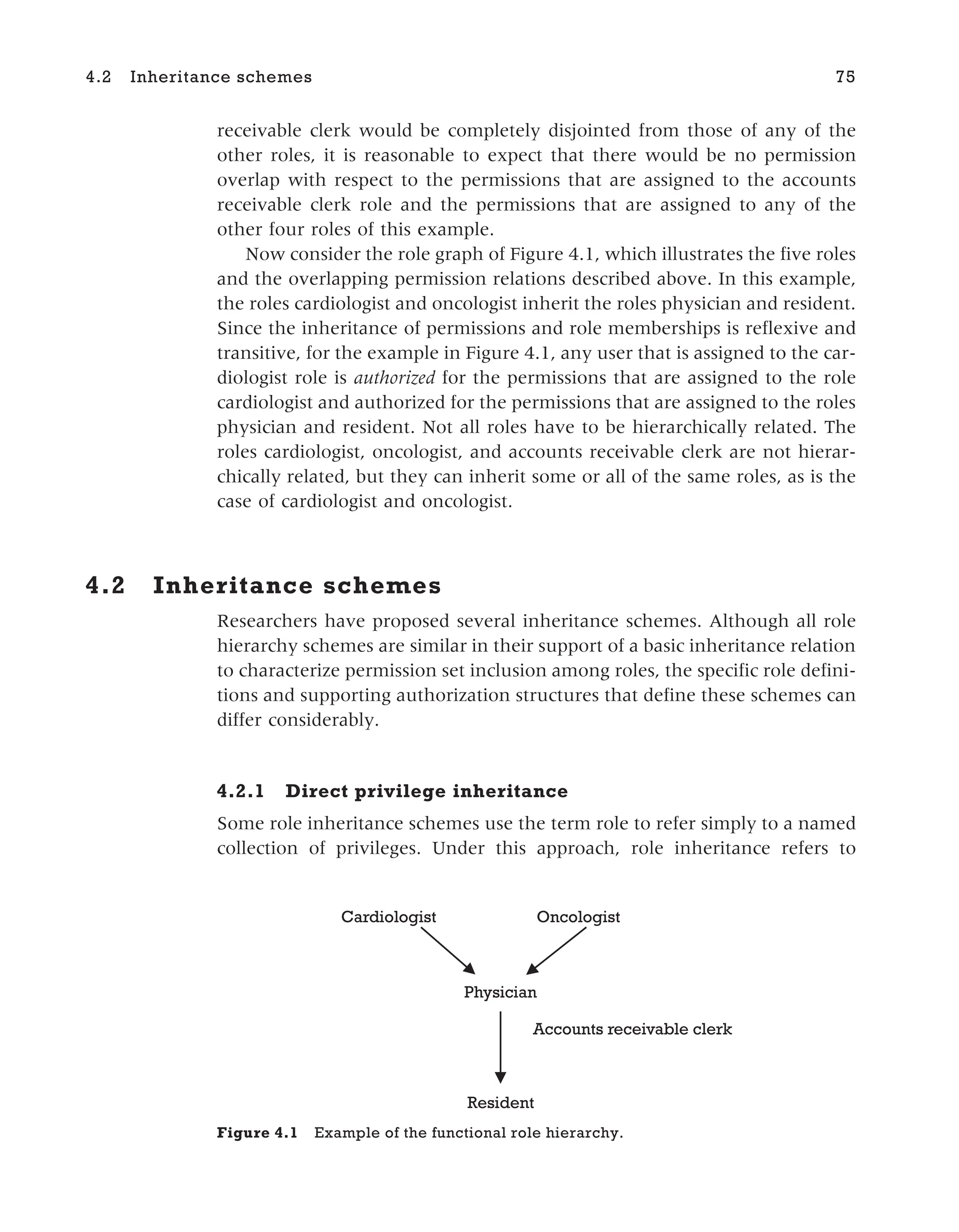 receivable clerk would be completely disjointed from those of any of the
other roles, it is reasonable to expect that there would be no permission
overlap with respect to the permissions that are assigned to the accounts
receivable clerk role and the permissions that are assigned to any of the
other four roles of this example.
Now consider the role graph of Figure 4.1, which illustrates the five roles
and the overlapping permission relations described above. In this example,
the roles cardiologist and oncologist inherit the roles physician and resident.
Since the inheritance of permissions and role memberships is reflexive and
transitive, for the example in Figure 4.1, any user that is assigned to the car-
diologist role is authorized for the permissions that are assigned to the role
cardiologist and authorized for the permissions that are assigned to the roles
physician and resident. Not all roles have to be hierarchically related. The
roles cardiologist, oncologist, and accounts receivable clerk are not hierar-
chically related, but they can inherit some or all of the same roles, as is the
case of cardiologist and oncologist.
4.2 Inheritance schemes
Researchers have proposed several inheritance schemes. Although all role
hierarchy schemes are similar in their support of a basic inheritance relation
to characterize permission set inclusion among roles, the specific role defini-
tions and supporting authorization structures that define these schemes can
differ considerably.
4.2.1 Direct privilege inheritance
Some role inheritance schemes use the term role to refer simply to a named
collection of privileges. Under this approach, role inheritance refers to
4.2 Inheritance schemes 75
Cardiologist Oncologist
Physician
Resident
Accounts receivable clerk
Figure 4.1 Example of the functional role hierarchy.
 