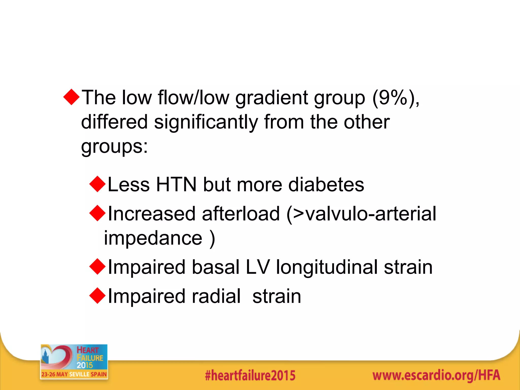 uThe low flow/low gradient group (9%),
differed significantly from the other
groups:
uLess HTN but more diabetes
uIncreased afterload (>valvulo-arterial
impedance )
uImpaired basal LV longitudinal strain
uImpaired radial strain
 