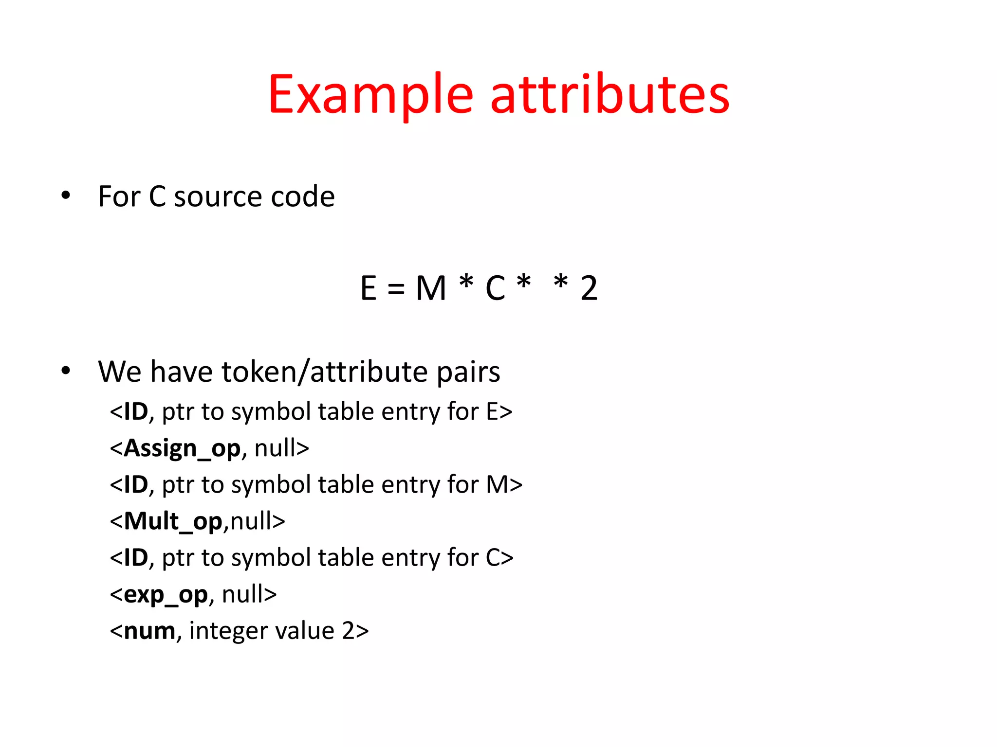 Example attributes
• For C source code
E = M * C * * 2
• We have token/attribute pairs
<ID, ptr to symbol table entry for E>
<Assign_op, null>
<ID, ptr to symbol table entry for M>
<Mult_op,null>
<ID, ptr to symbol table entry for C>
<exp_op, null>
<num, integer value 2>
 