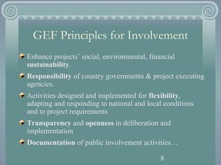 8
GEF Principles for Involvement
Enhance projects’ social, environmental, financial
sustainability.
Responsibility of coun...