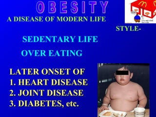 [object Object],[object Object],SEDENTARY LIFE OVER EATING LATER ONSET OF 1. HEART DISEASE 2. JOINT DISEASE 3. DIABETES, etc. O B E S I T Y 