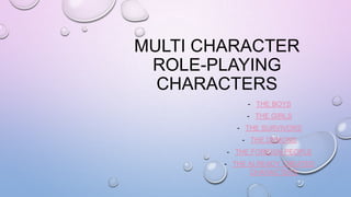MULTI CHARACTER
ROLE-PLAYING
CHARACTERS
- THE BOYS
- THE GIRLS
- THE SURVIVORS
- THE DEMONS
- THE FOREIGN PEOPLE
- THE ALREADY CREATED
CHARACTERS
 