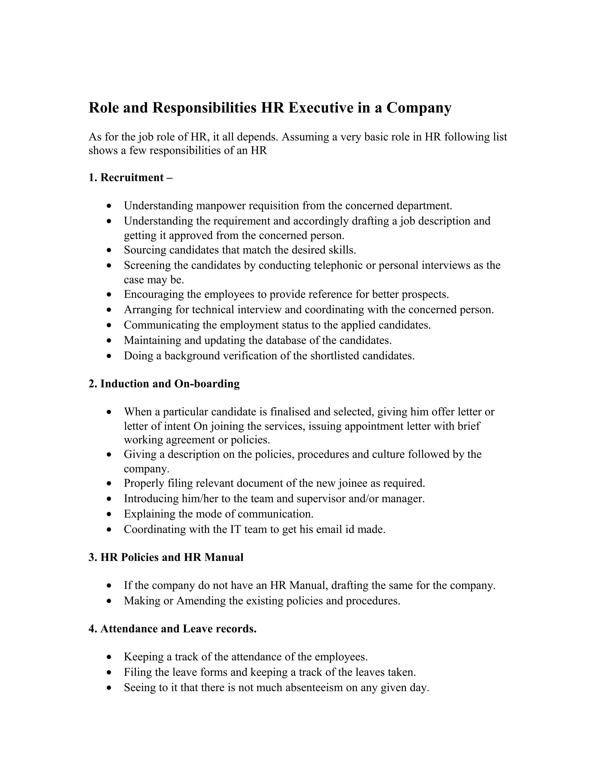 Role and Responsibilities HR Executive in a Company | DOC