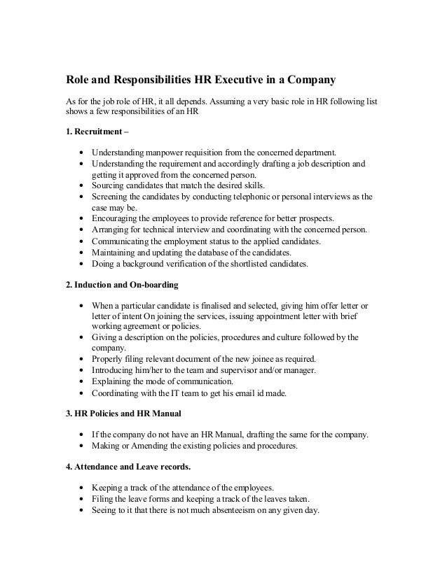 Role And Responsibilities Hr Executive In A Company