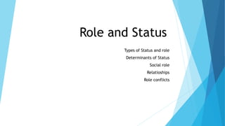 Role and Status
Types of Status and role
Determinants of Status
Social role
Relatioships
Role conflicts
 