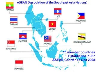 ASEAN (Association of the Southeast Asia Nations)

10 member countries
Established. 1967
ASEAN Charter 15 Dec 2008

 