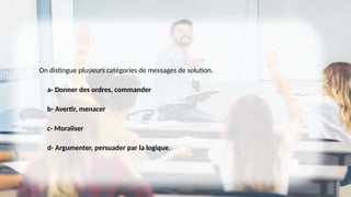 On distingue plusieurs catégories de messages de solution.
a- Donner des ordres, commander
b- Avertir, menacer
c- Moraliser
d- Argumenter, persuader par la logique.
 
