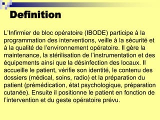 Definition
L’Infirmier de bloc opératoire (IBODE) participe à la
programmation des interventions, veille à la sécurité et
à la qualité de l’environnement opératoire. Il gère la
maintenance, la stérilisation de l’instrumentation et des
équipements ainsi que la désinfection des locaux. Il
accueille le patient, vérifie son identité, le contenu des
dossiers (médical, soins, radio) et la préparation du
patient (prémédication, état psychologique, préparation
cutanée). Ensuite il positionne le patient en fonction de
l’intervention et du geste opératoire prévu.
 