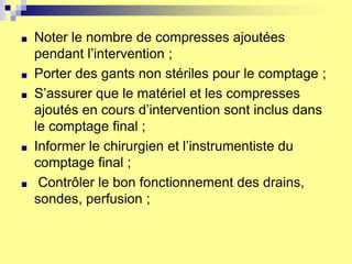 ■ Noter le nombre de compresses ajoutées
pendant l’intervention ;
■ Porter des gants non stériles pour le comptage ;
■ S’assurer que le matériel et les compresses
ajoutés en cours d’intervention sont inclus dans
le comptage final ;
■ Informer le chirurgien et l’instrumentiste du
comptage final ;
■ Contrôler le bon fonctionnement des drains,
sondes, perfusion ;
 