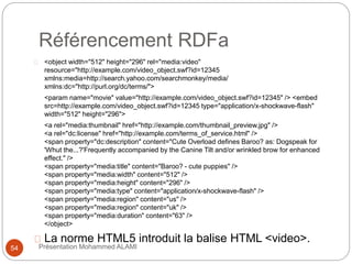 Référencement RDFa 
<object width="512" height="296" rel="media:video" 
resource="http://example.com/video_object.swf?id=12345 
xmlns:media=http://search.yahoo.com/searchmonkey/media/ 
xmlns:dc="http://purl.org/dc/terms/"> 
<param name="movie" value="http://example.com/video_object.swf?id=12345" /> <embed 
src=http://example.com/video_object.swf?id=12345 type="application/x-shockwave-flash" 
width="512" height="296"> 
<a rel="media:thumbnail" href="http://example.com/thumbnail_preview.jpg" /> 
<a rel="dc:license" href="http://example.com/terms_of_service.html" /> 
<span property="dc:description" content="Cute Overload defines Baroo? as: Dogspeak for 
'Whut the...?'Frequently accompanied by the Canine Tilt and/or wrinkled brow for enhanced 
effect." /> 
<span property="media:title" content="Baroo? - cute puppies" /> 
<span property="media:width" content="512" /> 
<span property="media:height" content="296" /> 
<span property="media:type" content="application/x-shockwave-flash" /> 
<span property="media:region" content="us" /> 
<span property="media:region" content="uk" /> 
<span property="media:duration" content="63" /> 
</object> 
La norme HTML5 introduit la balise HTML <video>. 
54 Présentation Mohammed ALAMI 
 